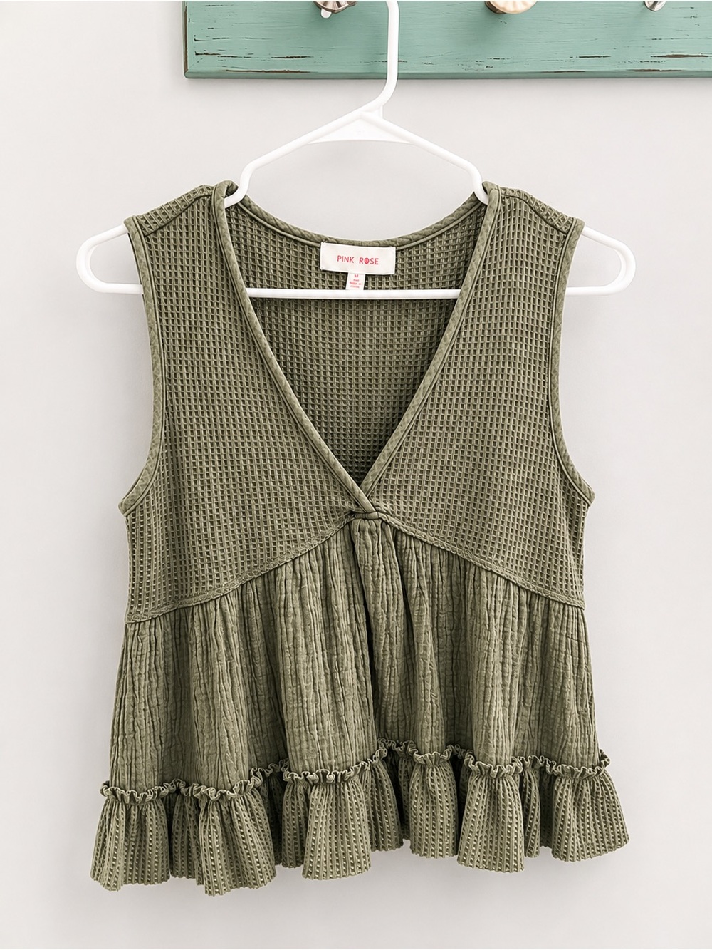 Pink Rose Sage Green Waffle Knit Sleeveless V-Neck Tank